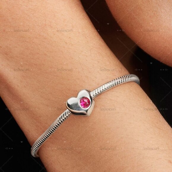 Pandora Engravable October Pink Stone Heart Charm - Picture 2 of 2